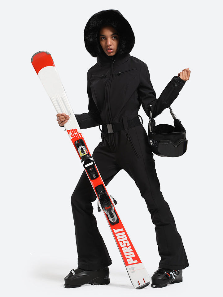 Women's Slim-Fit Stretch Faux Fur Black One-Piece Ski Suit