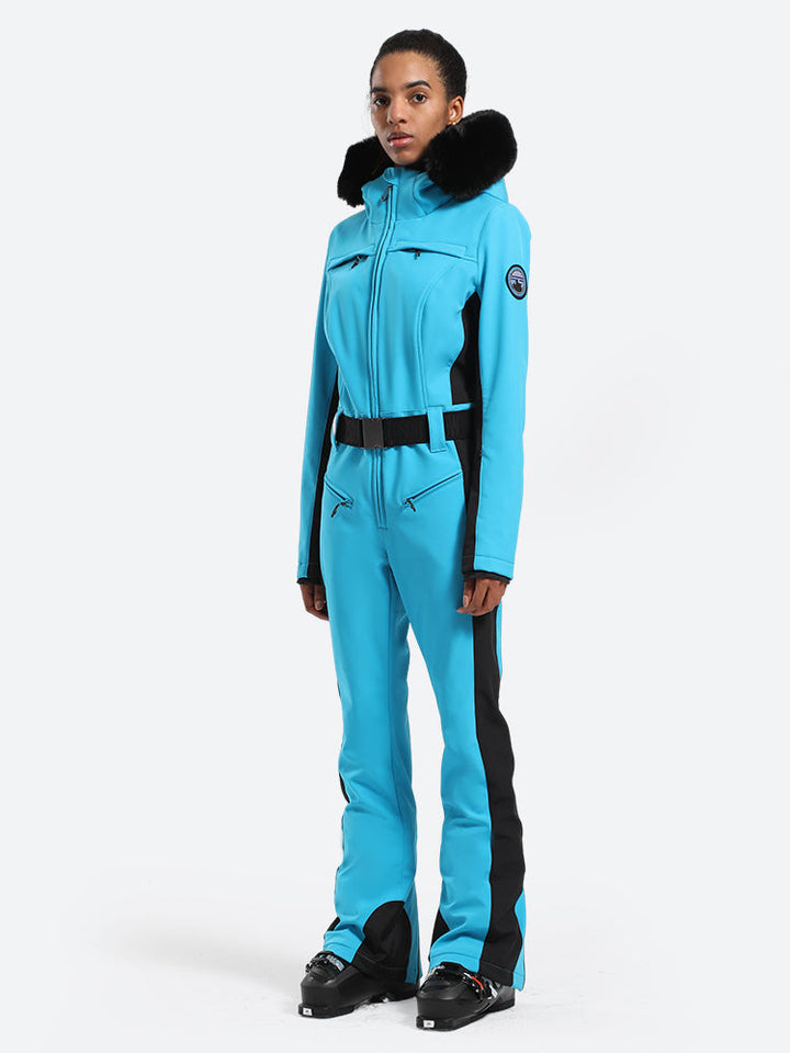 Women's Minimalist Faux Fur Blue Down One-piece Ski Suits