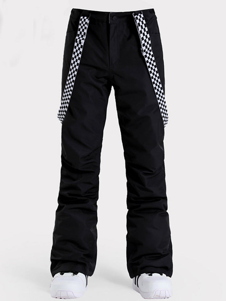 Women's Black Flare Snow Pants with Checkered Suspenders