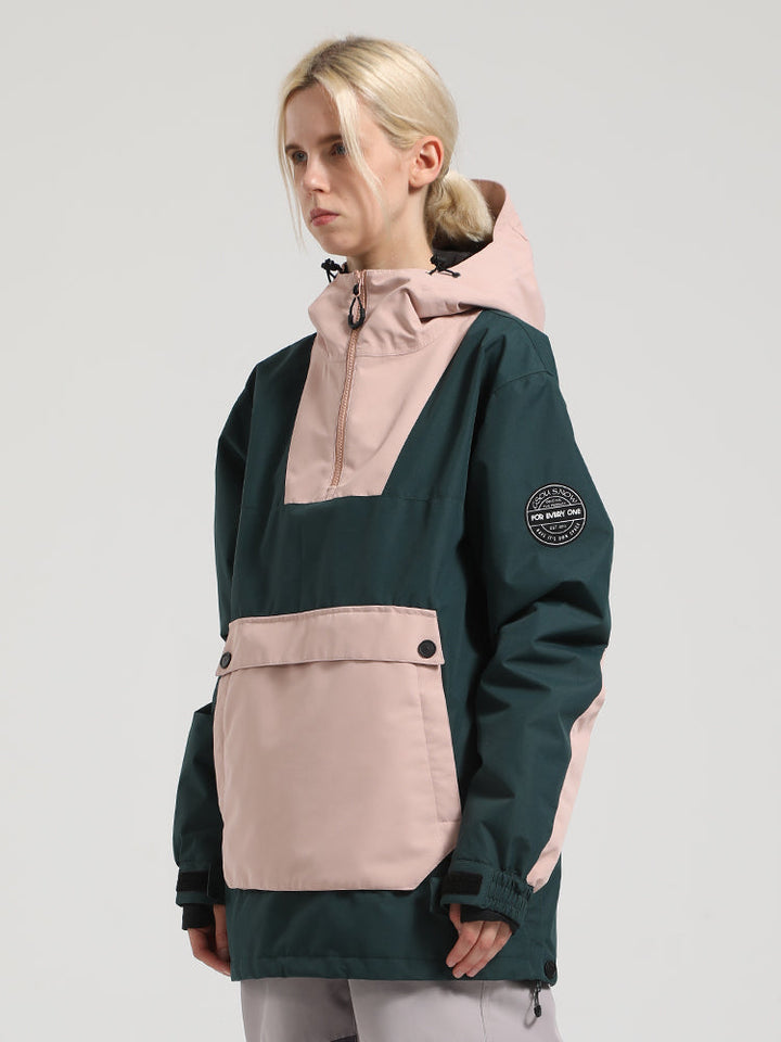 Women's Khaki & Beige Patchwork Kangaroo Pocket Snow Anoraks