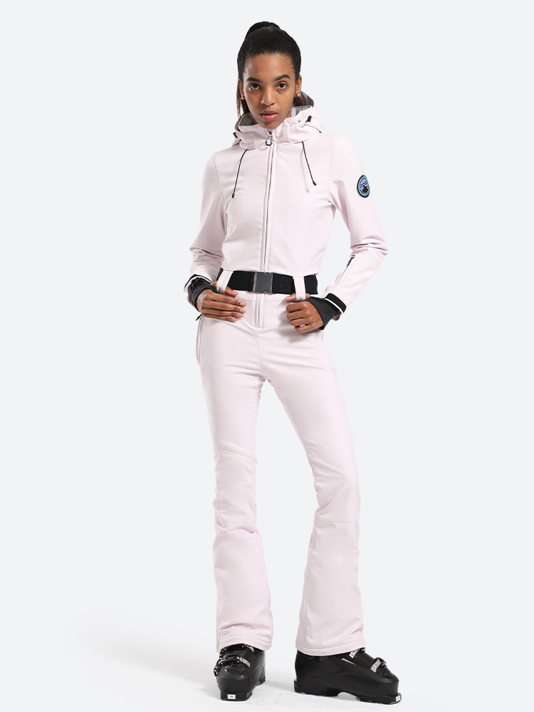 Women's White One-Piece Ski Suits with Removable Hood