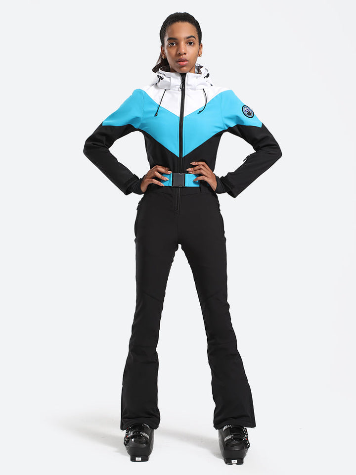 Women's Red & Navy All-in-One Belted Waterproof One-Piece Ski Suit