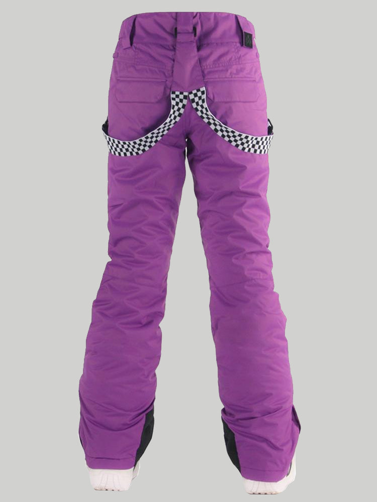 Women's Neon Purple Flare Snow Pants with Checkered Suspenders