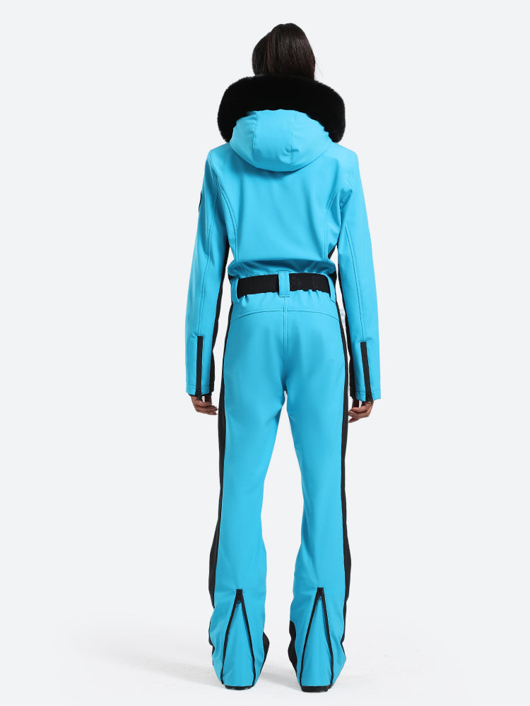 Women's Minimalist Faux Fur Blue Down One-piece Ski Suits