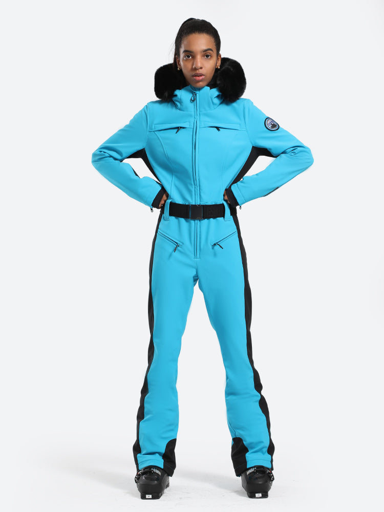 Women's Minimalist Faux Fur Blue Down One-piece Ski Suits