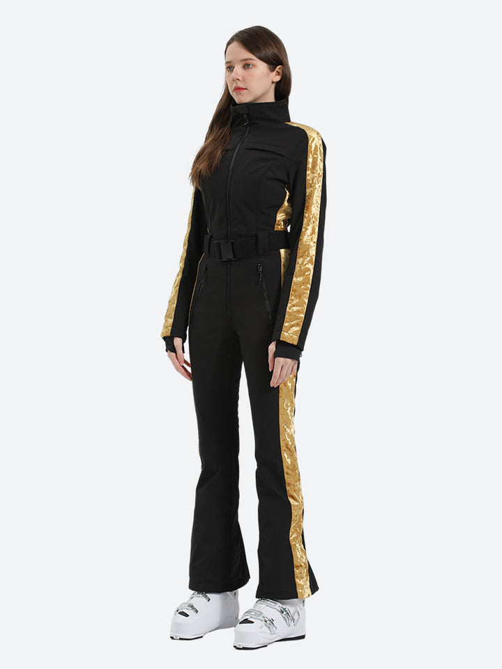 Women's Black & Gold Solid Fully-Sealed Seam One Piece Ski Suit