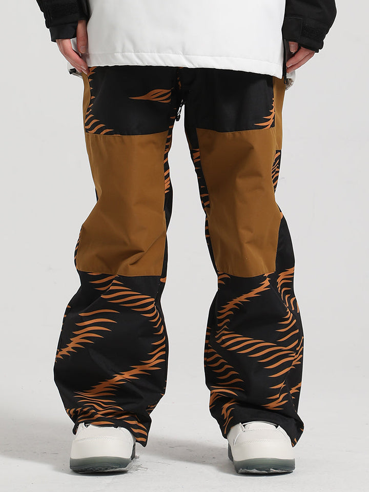 Men's White Wavy Stripe Color-Block Snow Pants