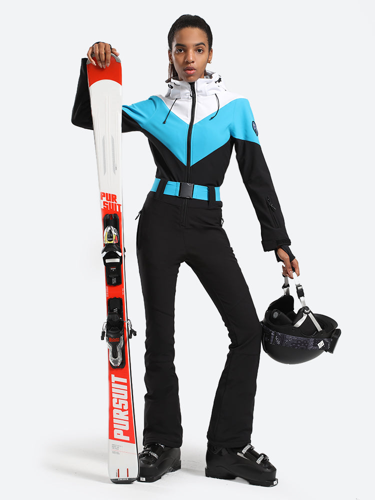 Women's Navy & Red All-in-One Belted Waterproof One-Piece Ski Suit