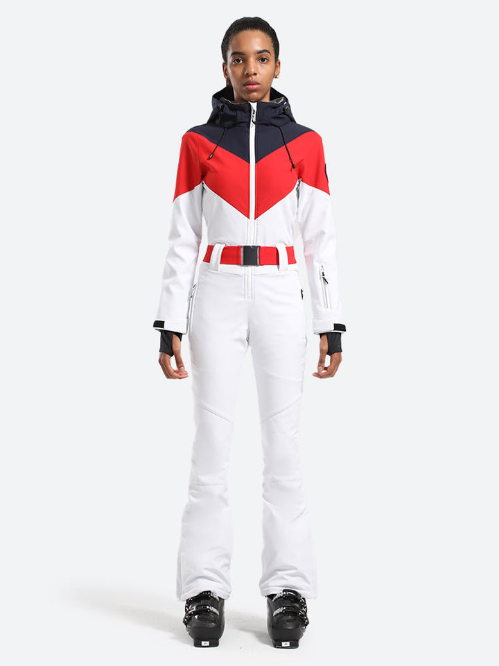 Women's Navy & Red All-in-One Belted Waterproof One-Piece Ski Suit