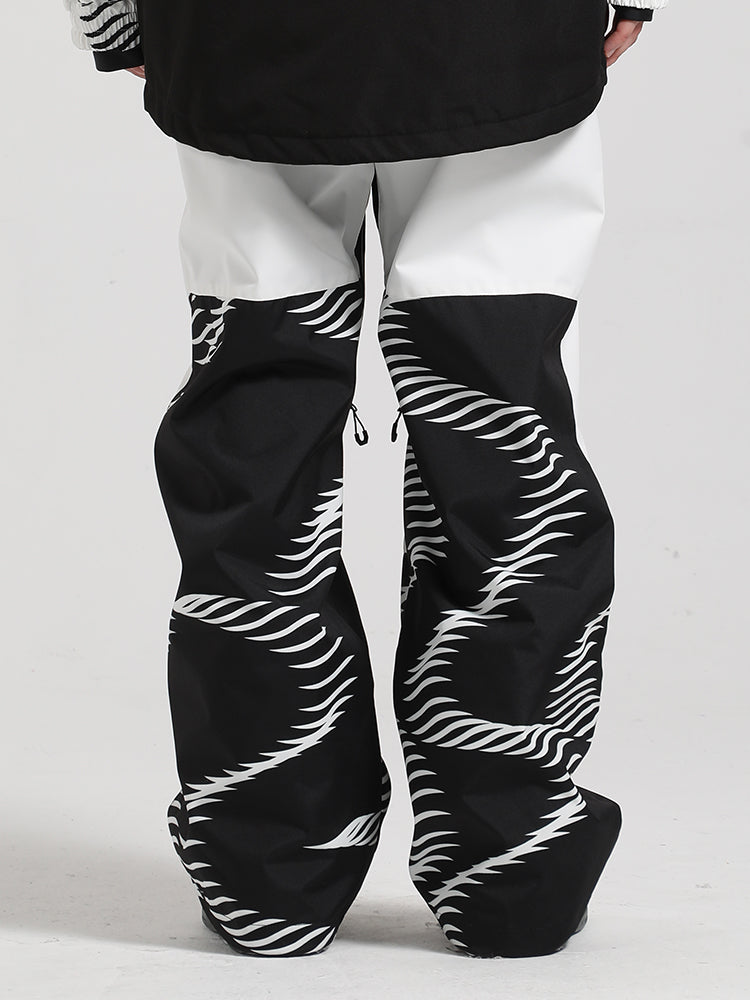 Women's Black Wavy Stripe Color-Block Snow Pants