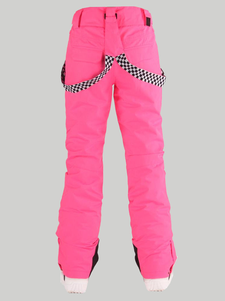 Women's Neon Pink Flare Snow Pants with Checkered Suspenders