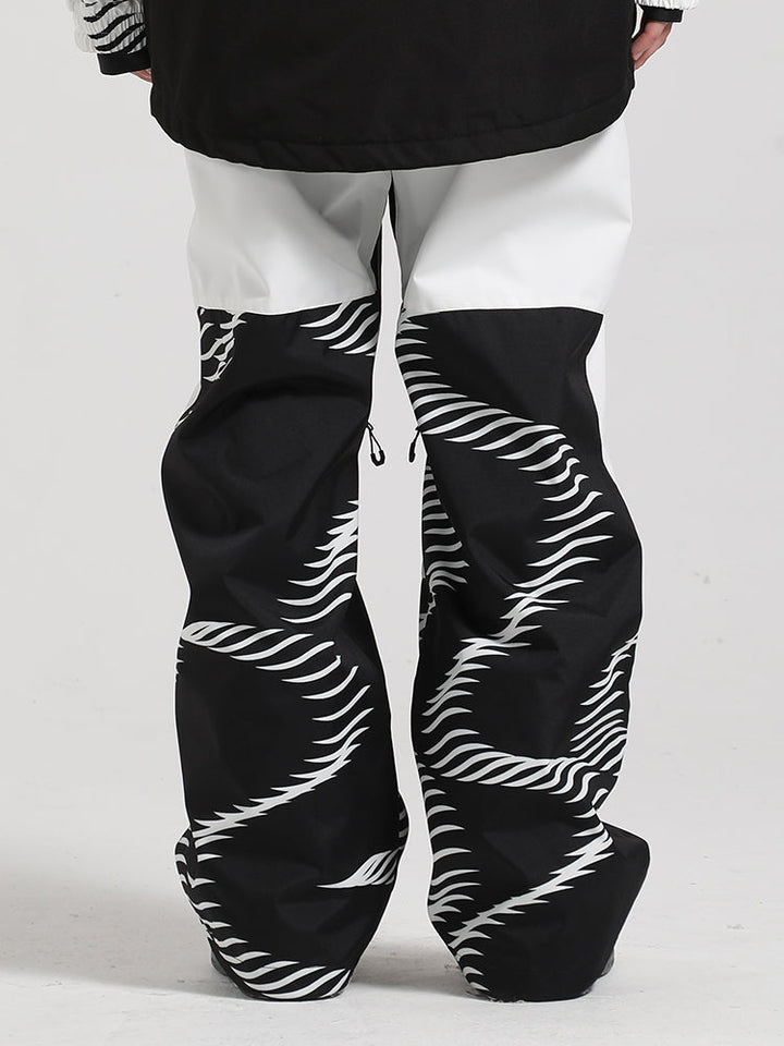 Men's Black Wavy Stripe Color-Block Snow Pants