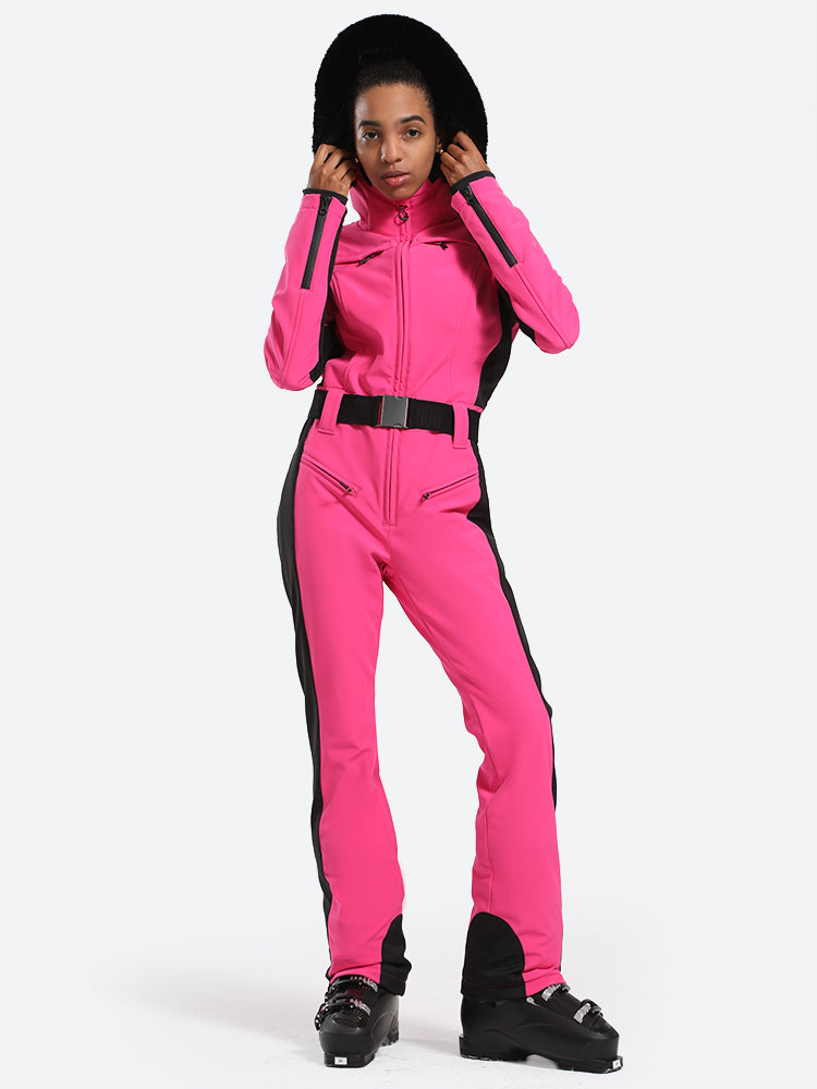 Women's Minimalist Faux Fur Fuchsia Down One-piece Ski Suits