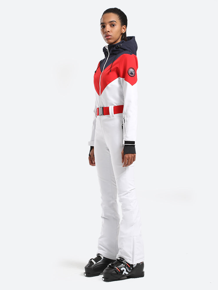 Women's Red & Navy All-in-One Belted Waterproof One-Piece Ski Suit