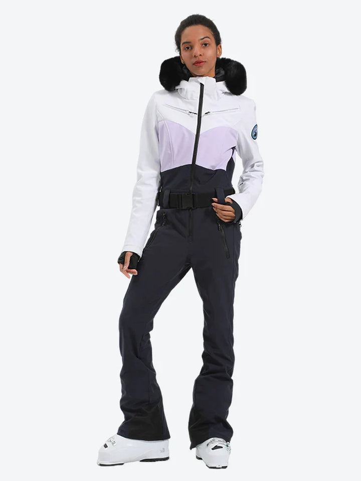 Women's Lavender & Navy Waist-Defining Waterproof Insulated One-Piece Ski Suits