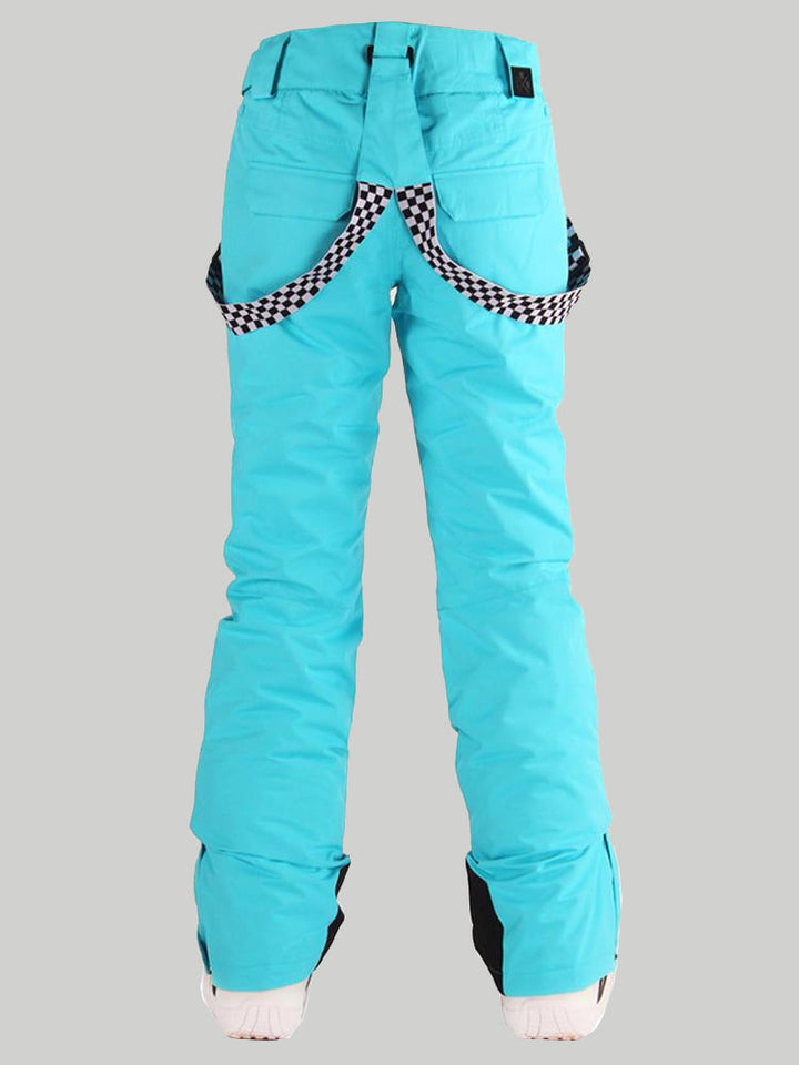 Women's Neon Cyan Flare Snow Pants with Checkered Suspenders