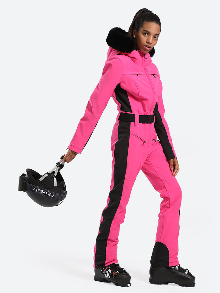 Women's Minimalist Faux Fur Fuchsia Down One-piece Ski Suits