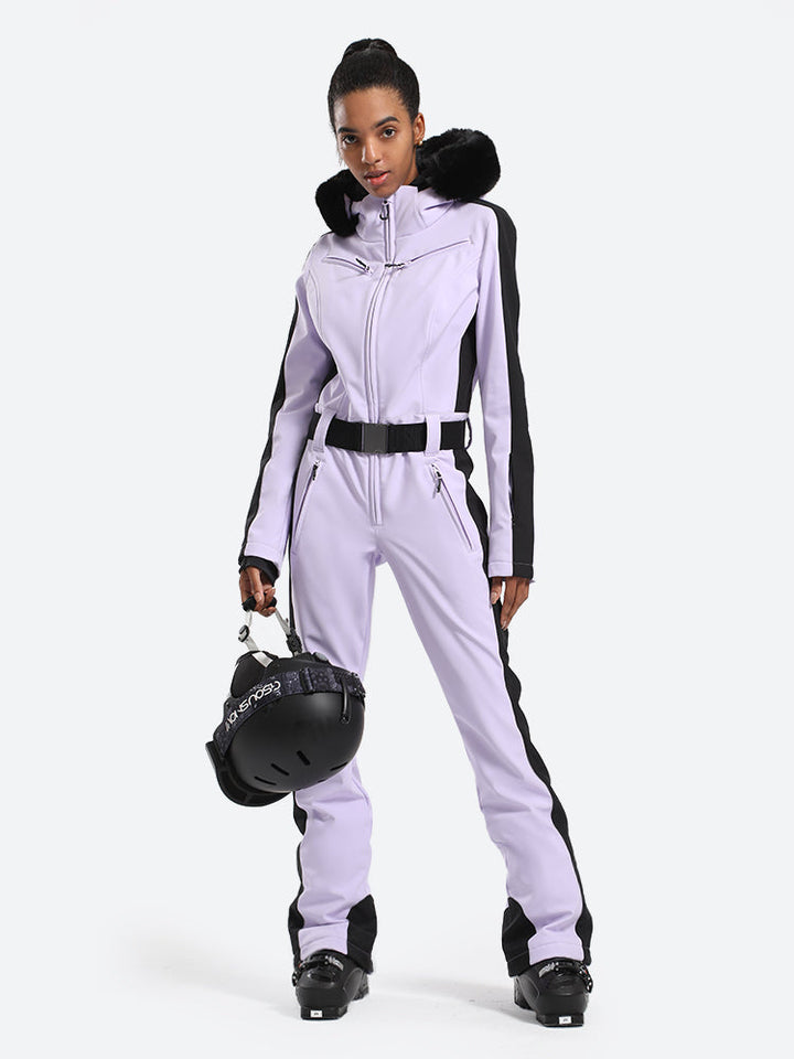 Women's Slim-Fit Stretch Faux Fur Lavender One-Piece Ski Suit