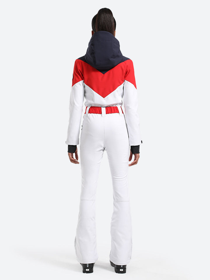 Women's White & Red All-in-One Belted Waterproof One-Piece Ski Suit