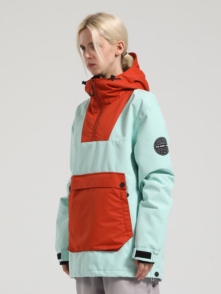 Women's Red & Teal Patchwork Kangaroo Pocket Snow Anoraks