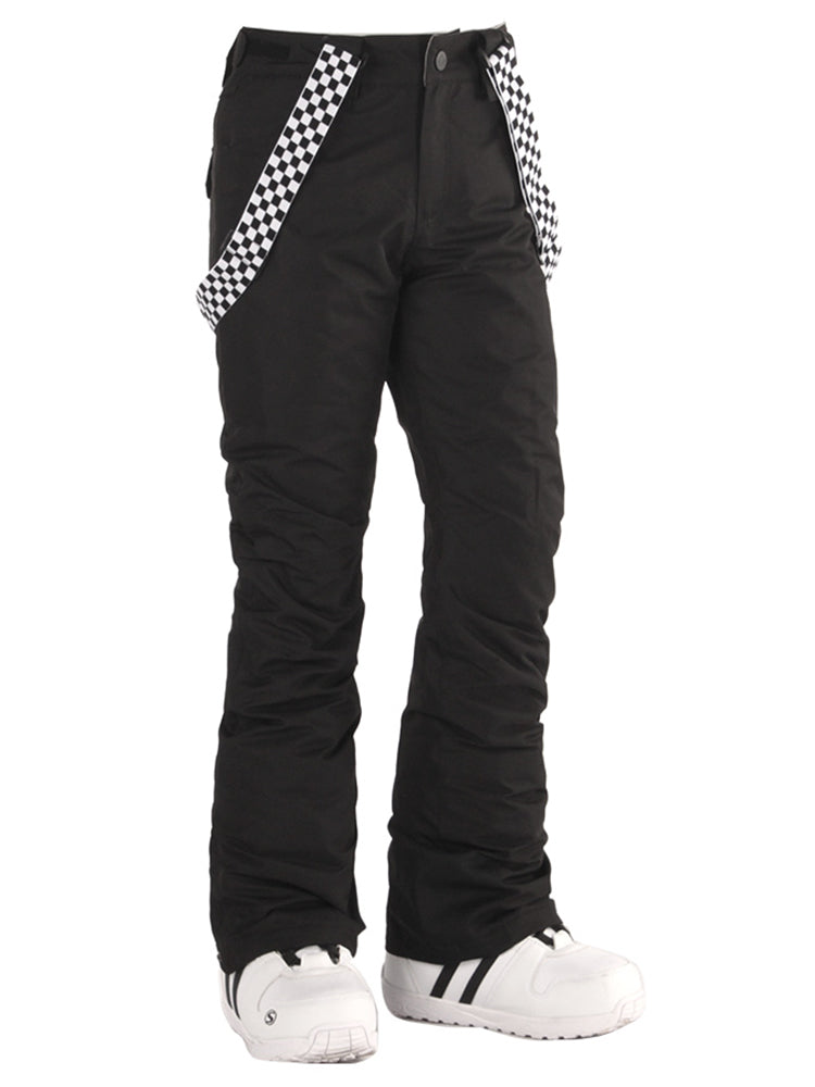 Women's Black Flare Snow Pants with Checkered Suspenders